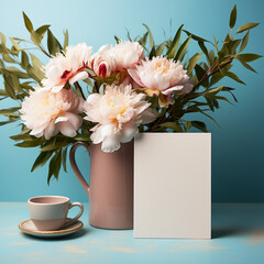 Blank greeting card mockup with garden peonies in a vase on pastel blue background. Summer template composition with flowers and copy space