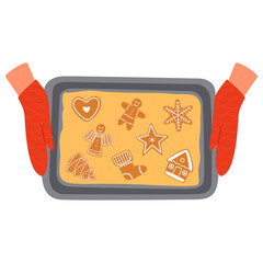 Vector illustration of hands holding a baking tray with Christmas ginger cookies. Delicious homemade cakes isolated on a white background.