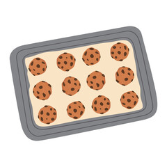 Vector illustration of a baking tray with chocolate chip cookies. Delicious homemade cakes isolated on a white background.