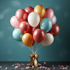  Colorful balloons bunch tied on a blue wall background