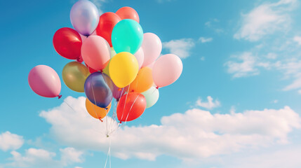 A large bunch of yellow Helium ballons straining on their strings against a sunny sky with white clouds.