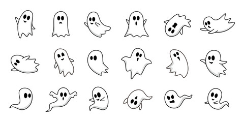 set of cute ghost characters with outlined style