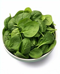A fresh bowl of spinach leaves on a clean white background