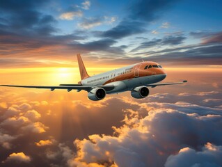 Commercial Jet Flying Over Clouds with sunset Generative AI