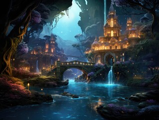 Dreamy, ethereal realm with floating islands, magical creatures, and shimmering waterfalls Generative AI
