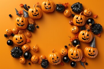 Top view Halloween concept with pumpkins on a solid colour