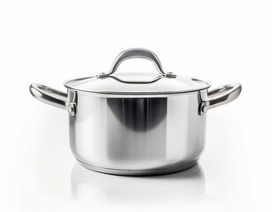 A shiny stainless steel pot on a clean white background