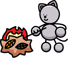 焚き火をするにゃんまるのイラスト　猫
