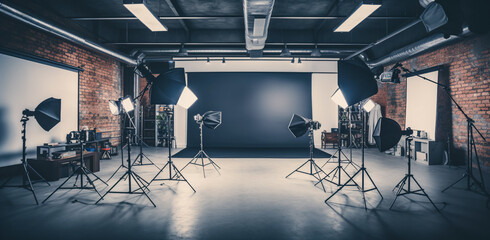 Empty Commercial photo studio with lighting equipment. Interior of modern photo studio with chair and professional equipment, digital ai	