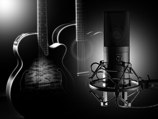 Microphone for sound recording. Electric guitars on black. Musical equipment. Sound recording...