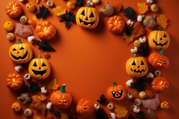 Top view Halloween concept with pumpkins on a solid colour