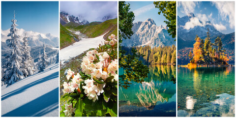 Collage of four seasons landscapes. Set of vertical pictures of nature background arranged in panoramic view. Wonderful outdoor scene of majestic mountains, green meadows and blooming flowers.