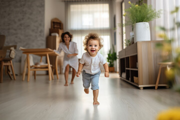 Fototapeta na wymiar Happy little baby learning to walk with mother , Child Walking In Living Room with mother help