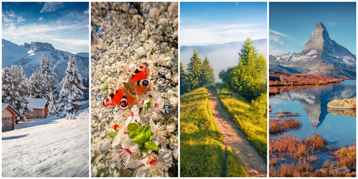 Collage of four seasons landscapes. Set of vertical pictures of nature background arranged in panoramic view. Wonderful outdoor scene of majestic mountains, green meadows and blooming flowers.