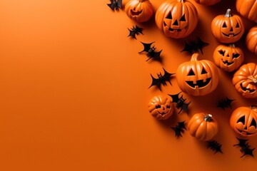 Top view Halloween concept with pumpkins on a solid colour