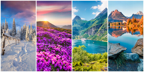 Collage of four seasons landscapes. Set of vertical pictures of nature background arranged in...