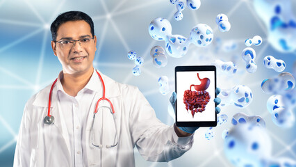Man doctor. Gastroenterologist with tablet. Human gastrointestinal tract. Molecules probiotics near doctor. Gastroenterologist man recommends probiotics. Checking stomach in clinic concept