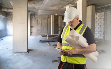 Man builder. Worker with tablet. Guy in building under construction. Construction drawings in hands of architect. Man in hardhat and reflective vest. Builder use engineering application