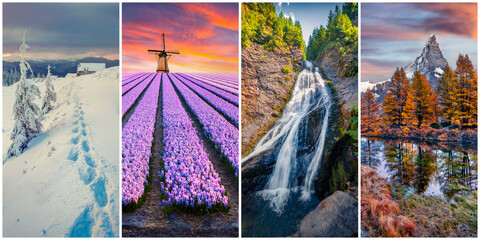 Collage of four seasons landscapes. Set of vertical pictures of nature background arranged in panoramic view. Wonderful outdoor scene of majestic mountains, green meadows and blooming flowers.