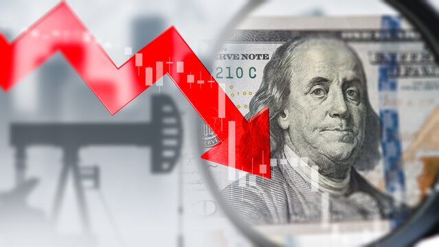 Falling oil prices. Graph of decrease in hydrocarbon production. Oil derrick. Falling fuel prices. Oil pump near dollar bills. Decreased investment in petroleum industry. 3d image.