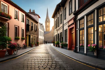 Obraz premium Charming European Street with Church Spire