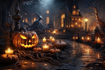 Fototapeta na wymiar scary halloween scene with scary pumpkins
