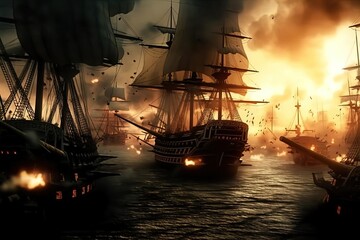 Sailing ships fight each other with cannons blazing. Great for stories on history, maritime warfare, pirates, adventure, the age of sail and more.
