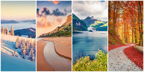 Collage of four seasons landscapes. Set of vertical pictures of nature background arranged in...