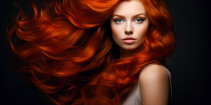 Young red haired woman with gorgeous voluminous long hair, dense, hairstyle. hair dye, hairstyle