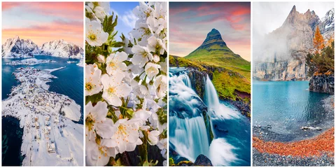 Deurstickers Collage of four seasons landscapes. Set of vertical pictures of nature background arranged in panoramic view. Wonderful outdoor scene of majestic mountains, green meadows and blooming flowers. © Andrew Mayovskyy