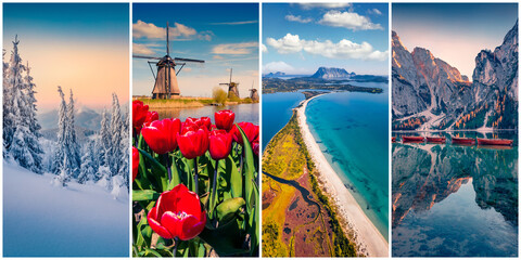 Collage of four seasons landscapes. Set of vertical pictures of nature background arranged in...