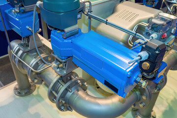 Pneumatic drive. Industrial equipment. Pumping equipment on pipes. Pipeline with pneumatic drive. Industrial equipment for factory. Industrial technologies. Mechanical engineering concept
