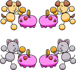 豚の貯金箱に貯金するわんまるとにゃんまるのイラストセット　犬　猫
