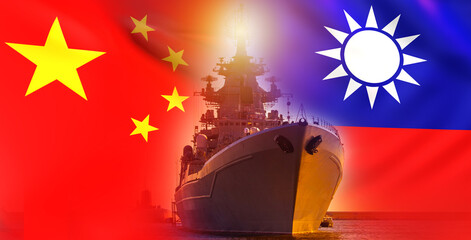 China vs Taiwan. Military ship. PRC and Taiwan flags. Naval navy. Blockade of island of Taiwan....