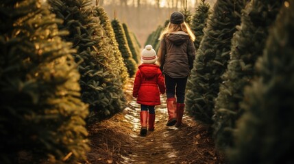 A woman and her daughter walking through a christmas tree farm, AI