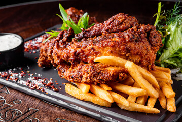 Roasted half Chicken with French fries and vegetables on plate
