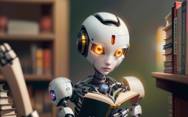 Fototapeta premium An AI Robot's Intellectual Pursuit in the Library ai generated