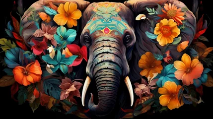 Poster Elephant head with trunk decorated with colorful flowers isolated on black background  © AiDesign