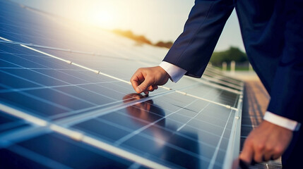 businessman producing solar panels checks the quality of finished products at sunset. Generative Ai