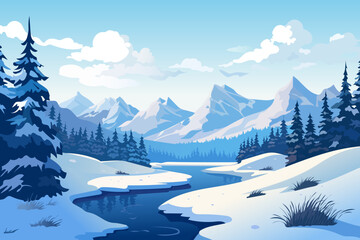 Landscape of a winter lake, mountains and forest. Beautiful winter lake against the background of forest, snowdrifts, high mountains, blue sky and large clouds.