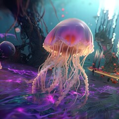 Naklejka premium A glowing jellyfish. Great for stories on sci-fi, futurism, cyberpunk, marine biology, fantasy and more. 