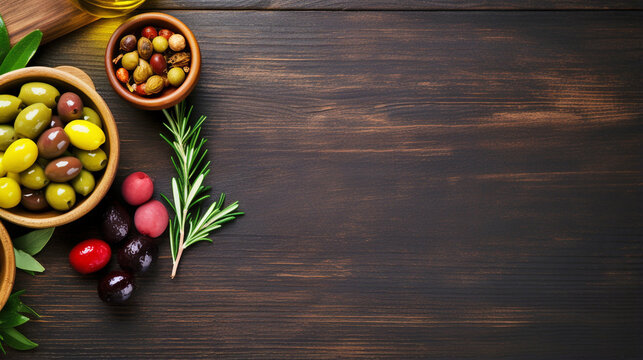 still life with olives and herbs on a wooden background with empty space for text. Generative Ai