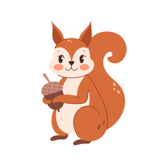 Illustration of a cute cartoon squirrel with an acorn on a white background