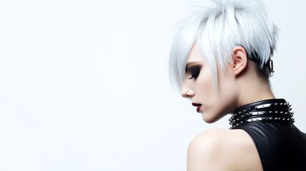 young punk girl in gothic style in profile on a white background. Generative Ai