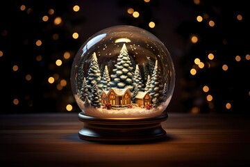 Fototapeta na wymiar christmas tree in snow globe on wooden table