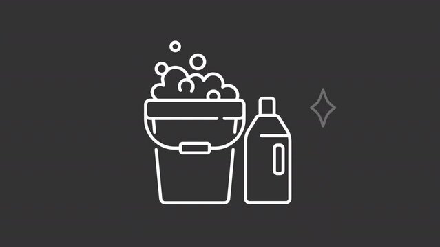 White icon animation of foam bucket with detergent bottle, HD video with transparent background, seamless loop 4K video representing housekeeping.