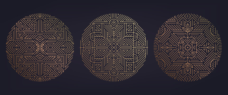 Vector set of art deco linear circles, round borders, frames, decorative design templates. Classic retro style of 1920s logos. Use for packaging, advertising, banner.