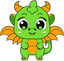 Cute green and orange baby dragon in Kawaii style 04
