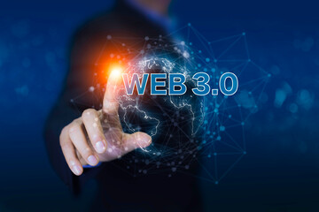 Web3.0 concept. man working using laptop web 3.0 with globe on Futuristic virtual screen interface...