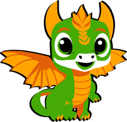 Cute green and orange baby dragon in Kawaii style 03